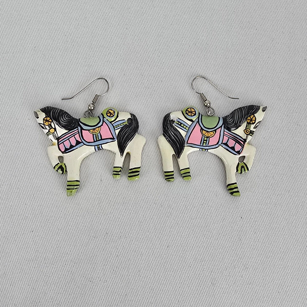 Vintage Folk Art Carousel Horse Dangle Earrings Hand Painted Statement